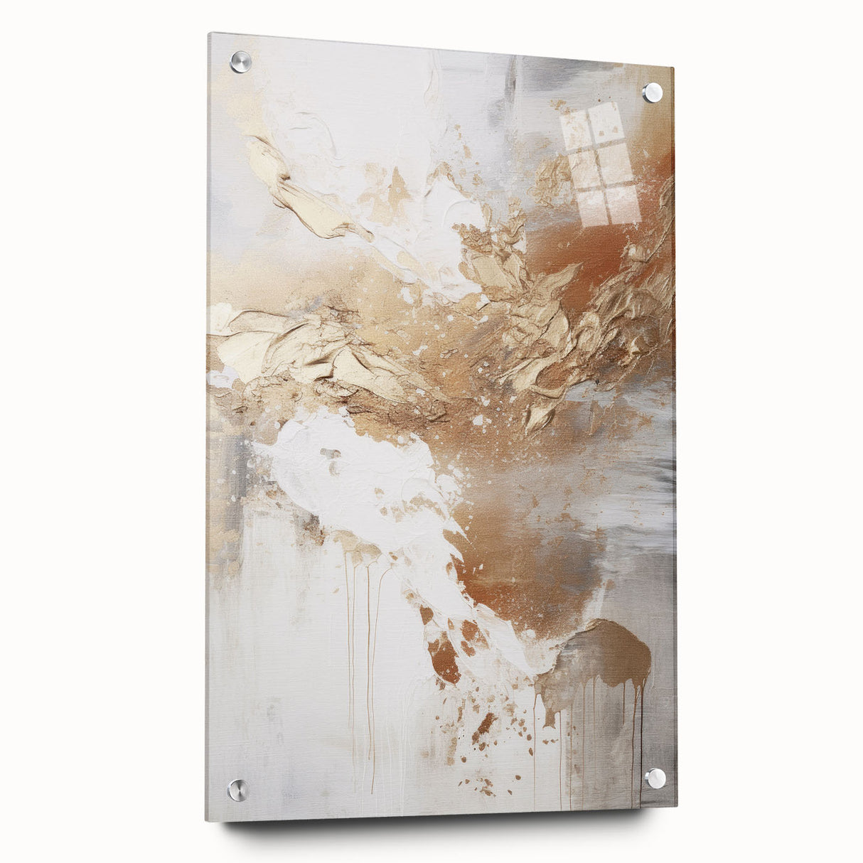 Abstract modern wall art collection displayed in a side view, featuring vibrant colors and geometric patterns, mounted with decorative pins on a sleek surface. Ideal for contemporary interior design.