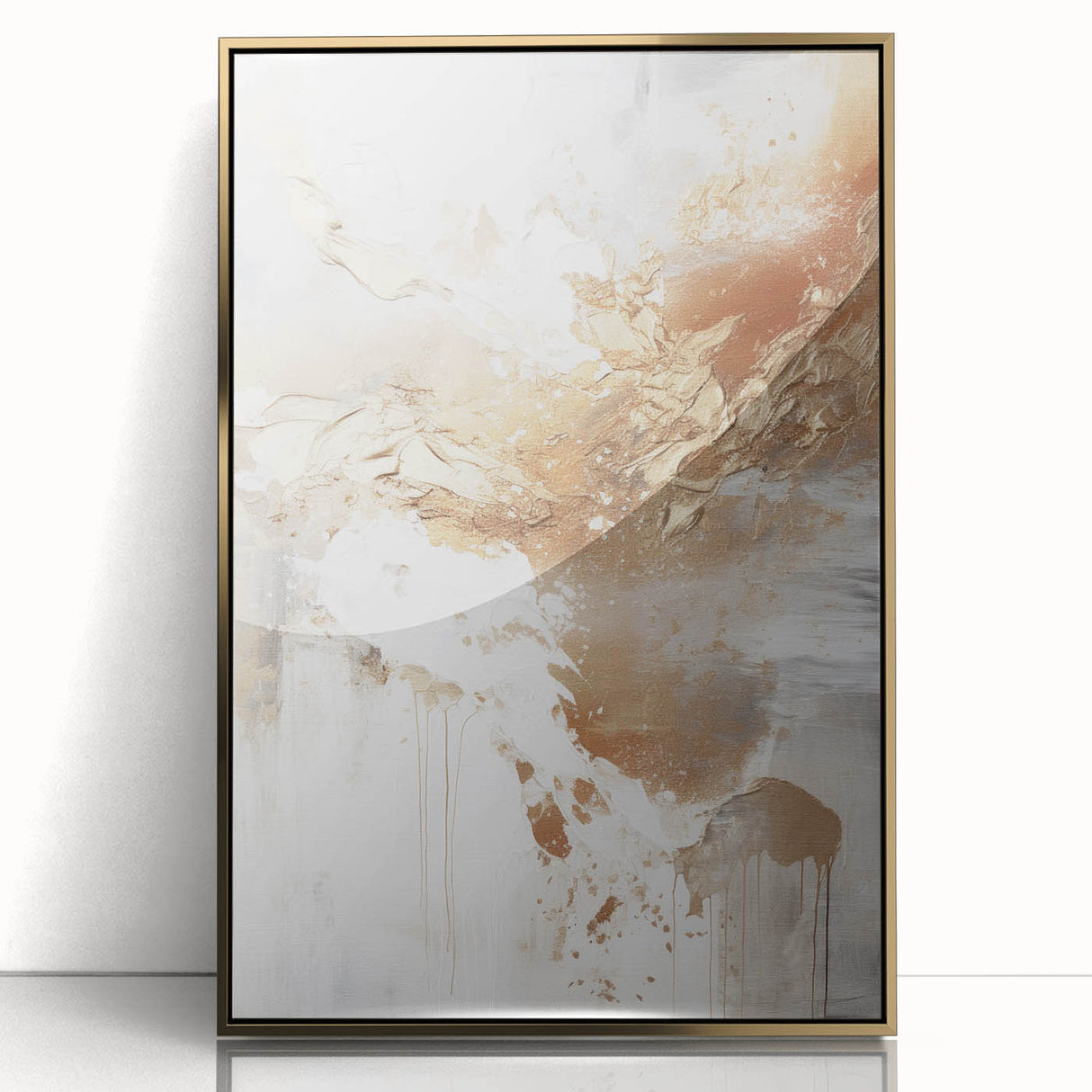 Framed wall art featuring an abstract modern design with gold accents, showcasing a sleek front view ideal for contemporary decor. Perfect for adding elegance to any room.