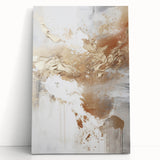 Abstract modern wall art collection featuring vibrant colors and geometric shapes on stretched canvas, elegantly leaning against a neutral wall, ideal for contemporary decor.