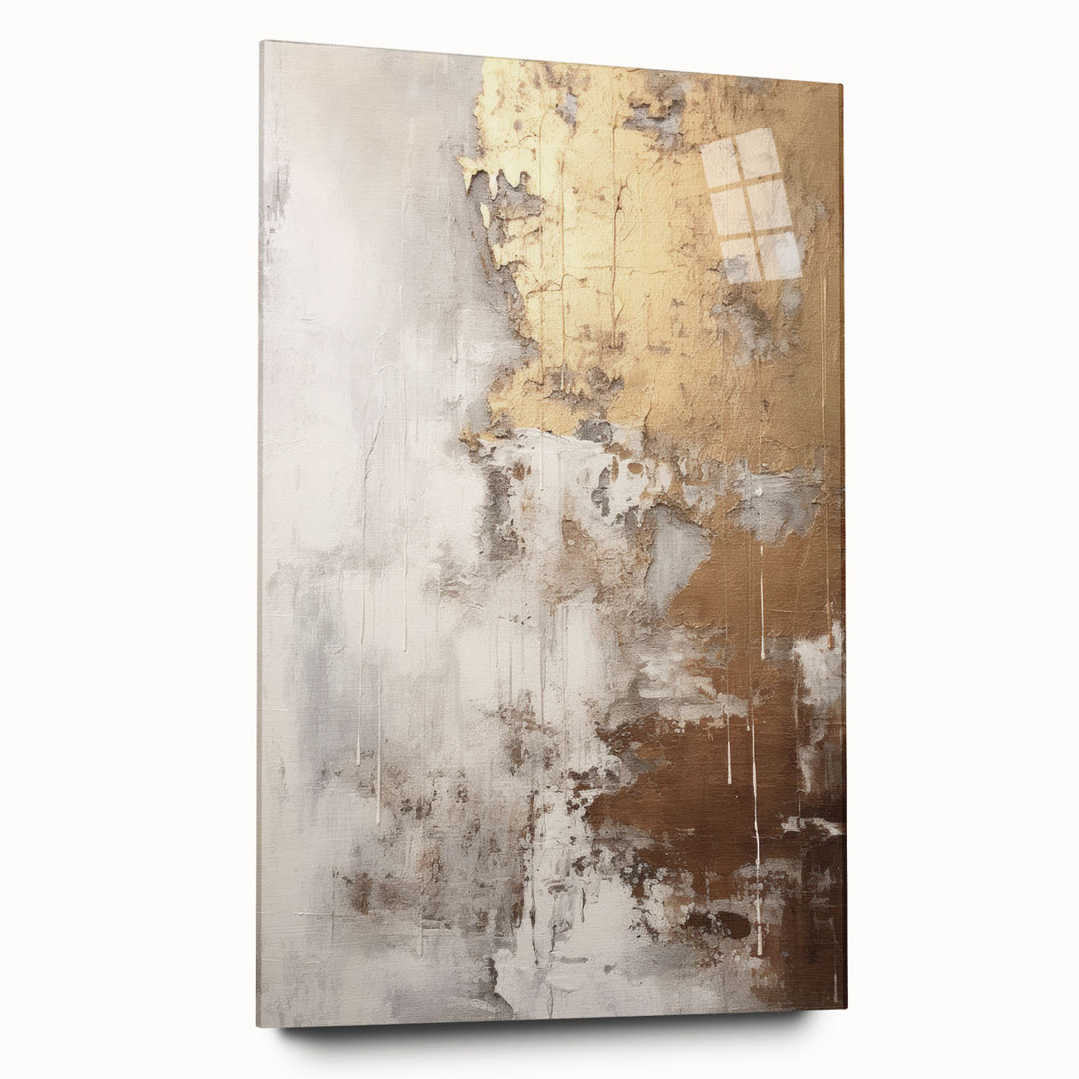 Abstract modern wall art piece displayed in a side view, showcasing vibrant colors and unique geometric patterns on acrylic glass, ideal for contemporary decor.