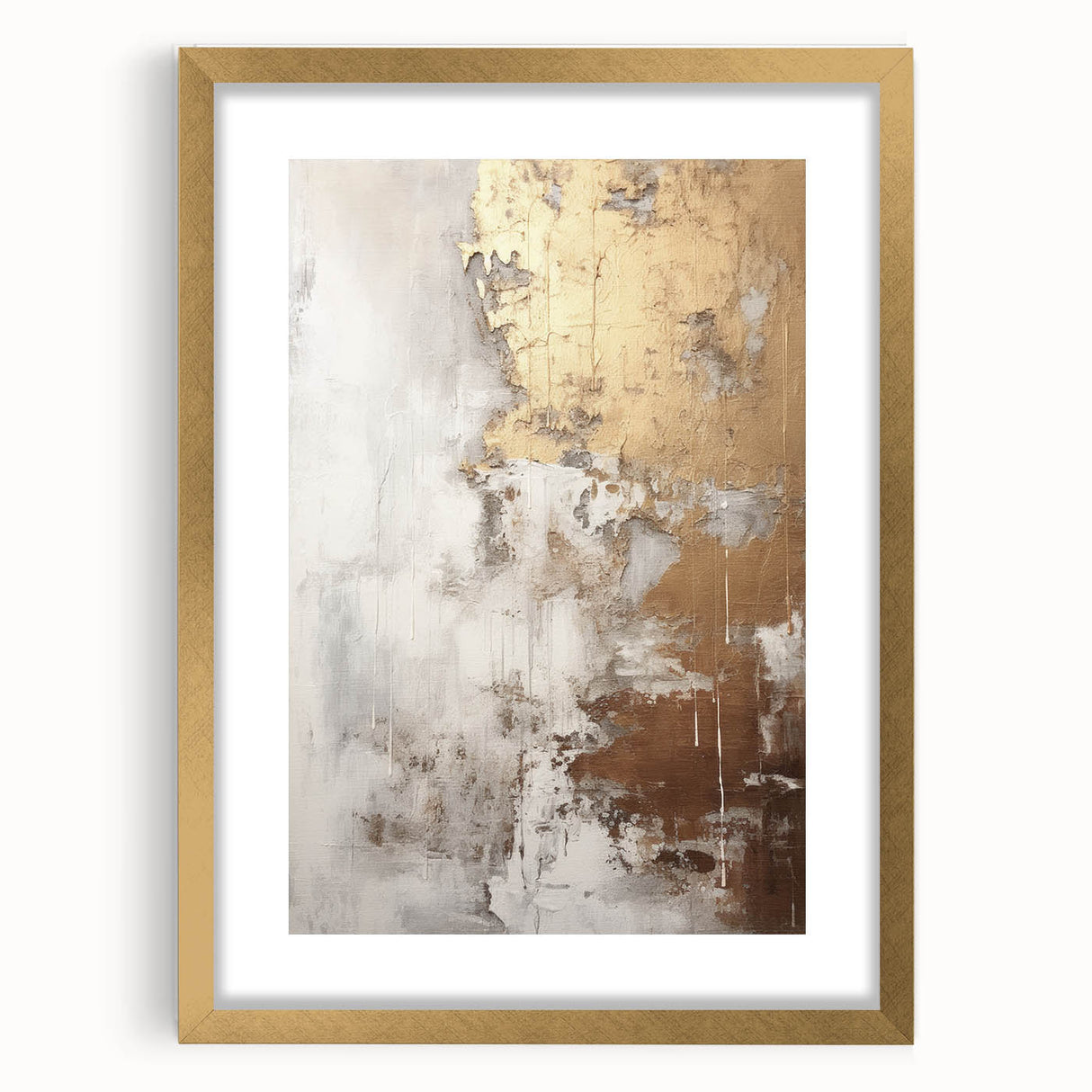 Abstract modern wall art collection featuring a gold-framed design with a mat, showcasing intricate patterns and vibrant colors, ideal for contemporary home decor.