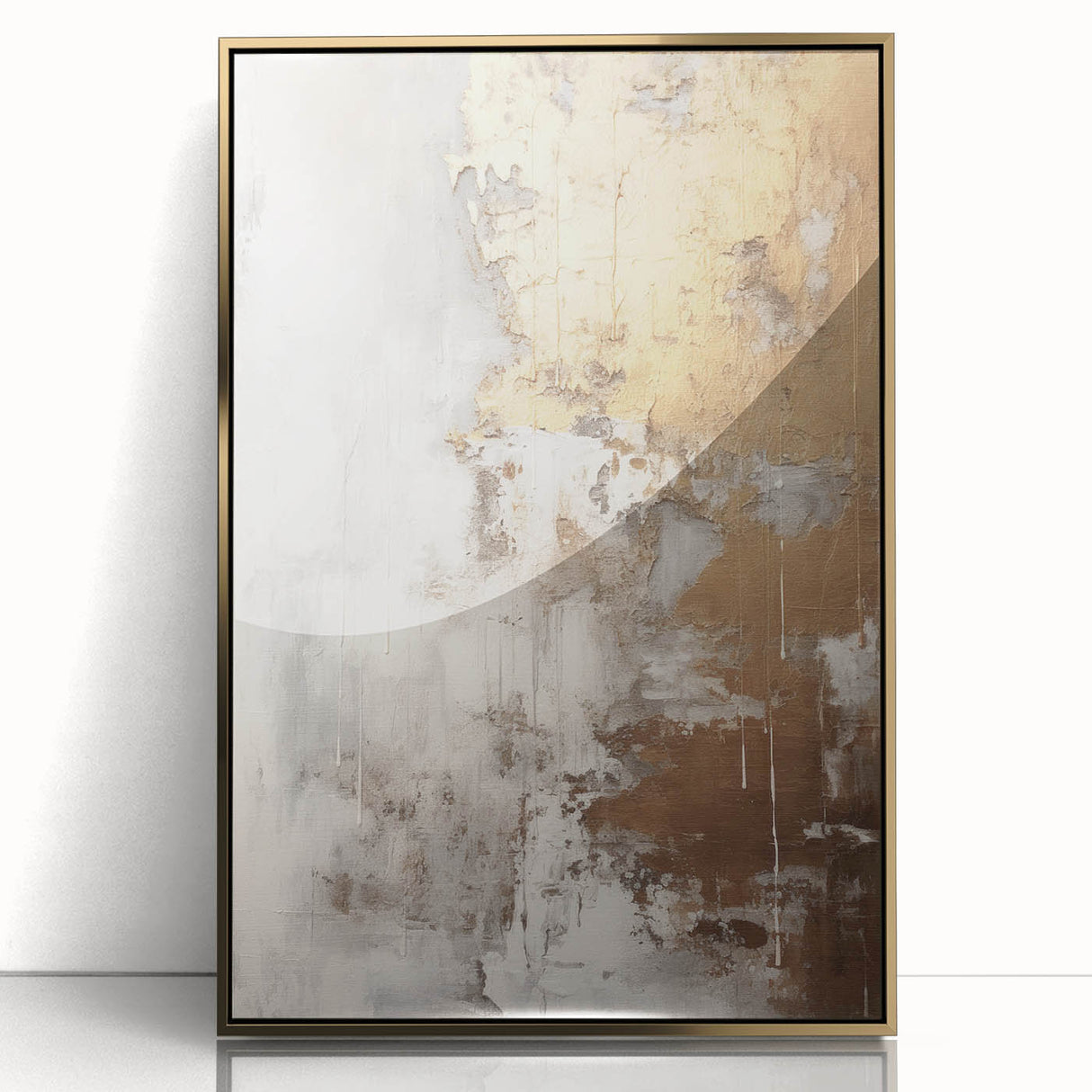 Framed acrylic wall art featuring a modern abstract design in gold, showcasing elegant shapes and textures against a minimalist backdrop, perfect for contemporary decor.