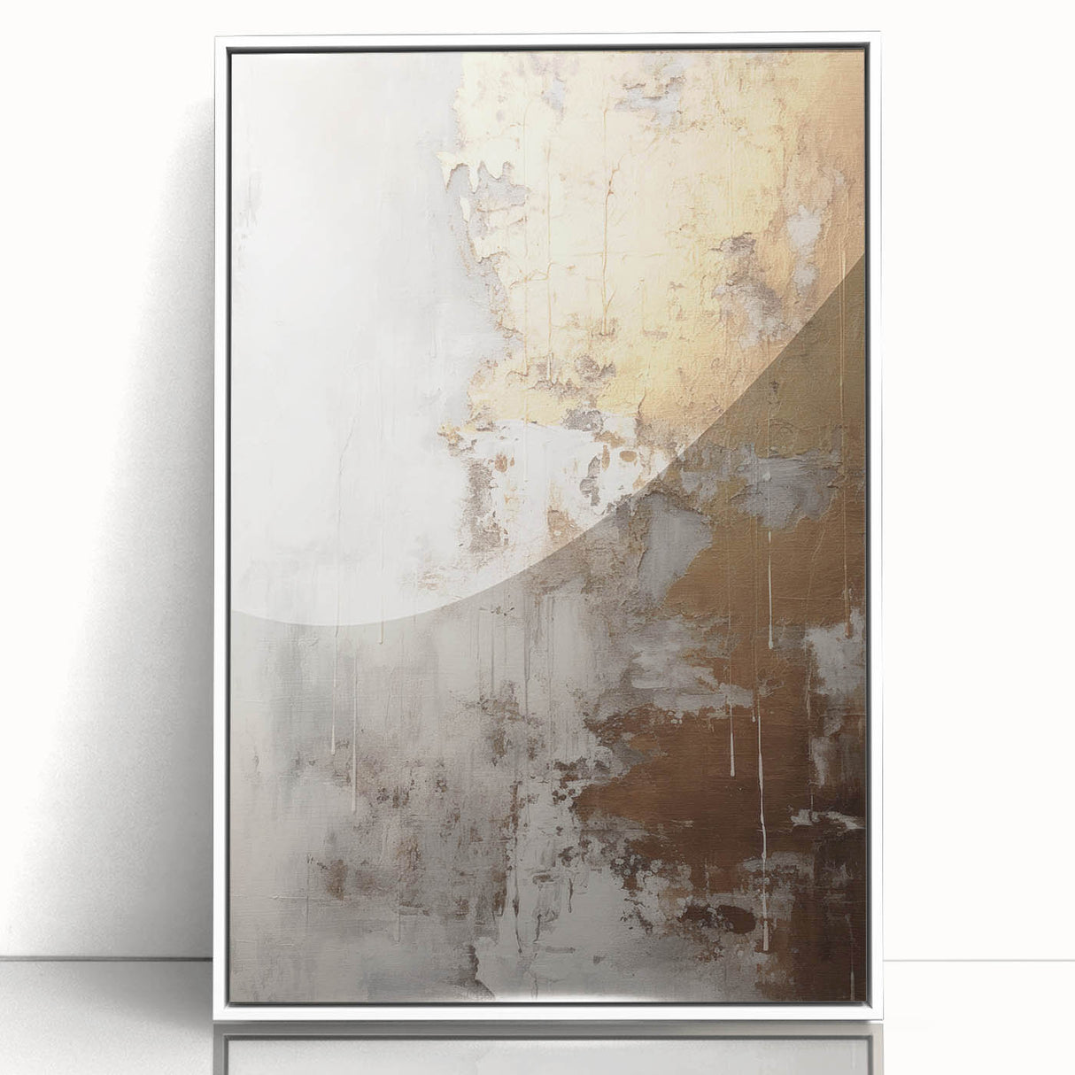 Framed abstract modern wall art piece featuring a colorful design with geometric shapes and a white border, ideal for contemporary home decor.