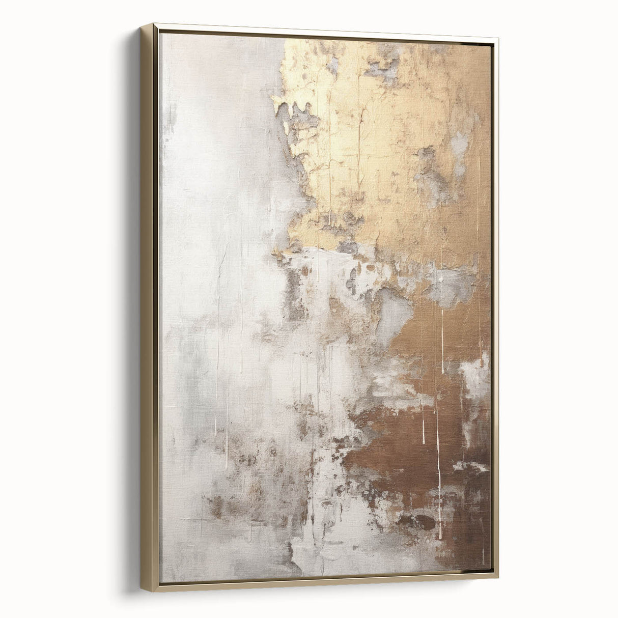 Framed canvas artwork showcasing an abstract modern design with gold accents, viewed from the side, perfect for contemporary home decor.