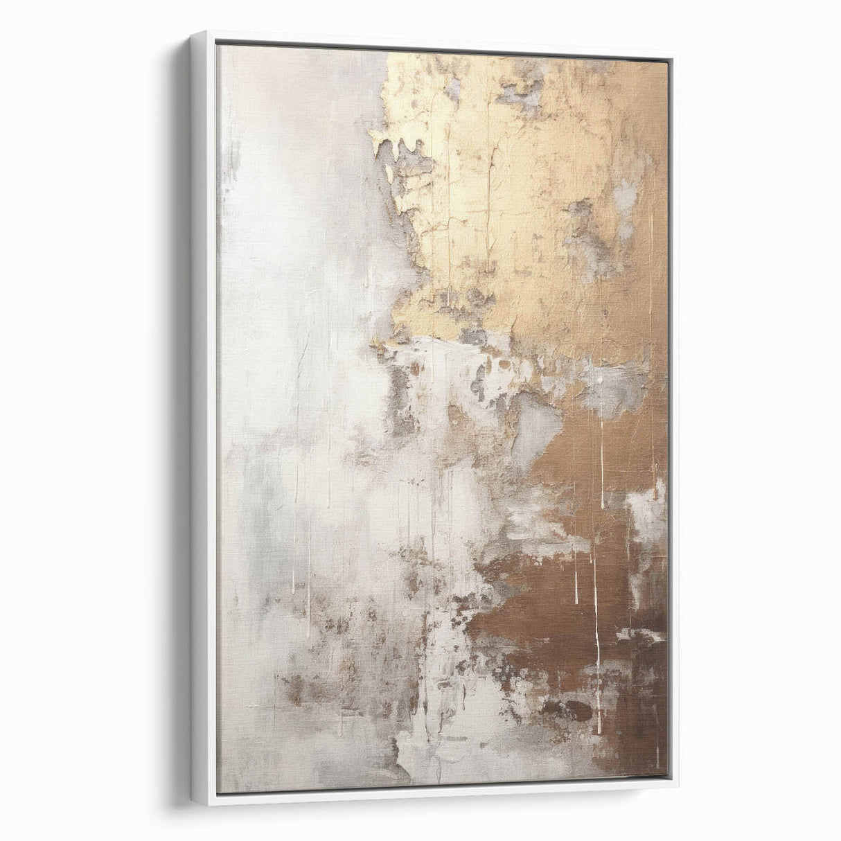 Framed canvas wall art featuring an abstract modern design with vibrant colors and geometric shapes, elegantly displayed in a white frame, perfect for contemporary home decor.