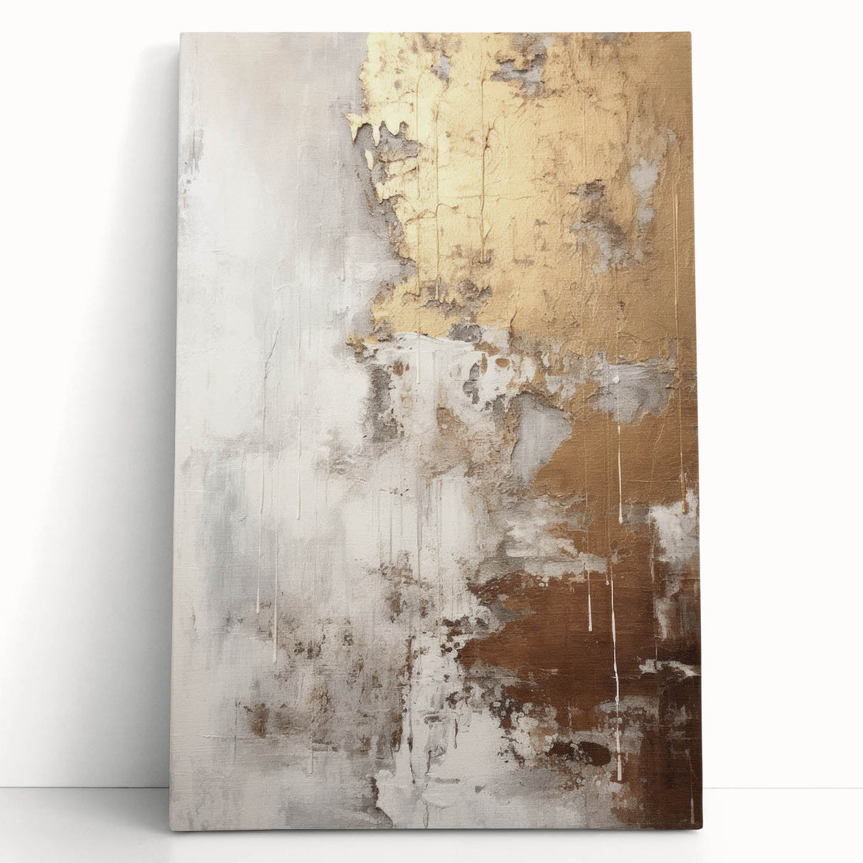 Abstract modern wall art collection featuring vibrant colors and geometric shapes on stretched canvas, leaning against a neutral wall, perfect for contemporary decor.