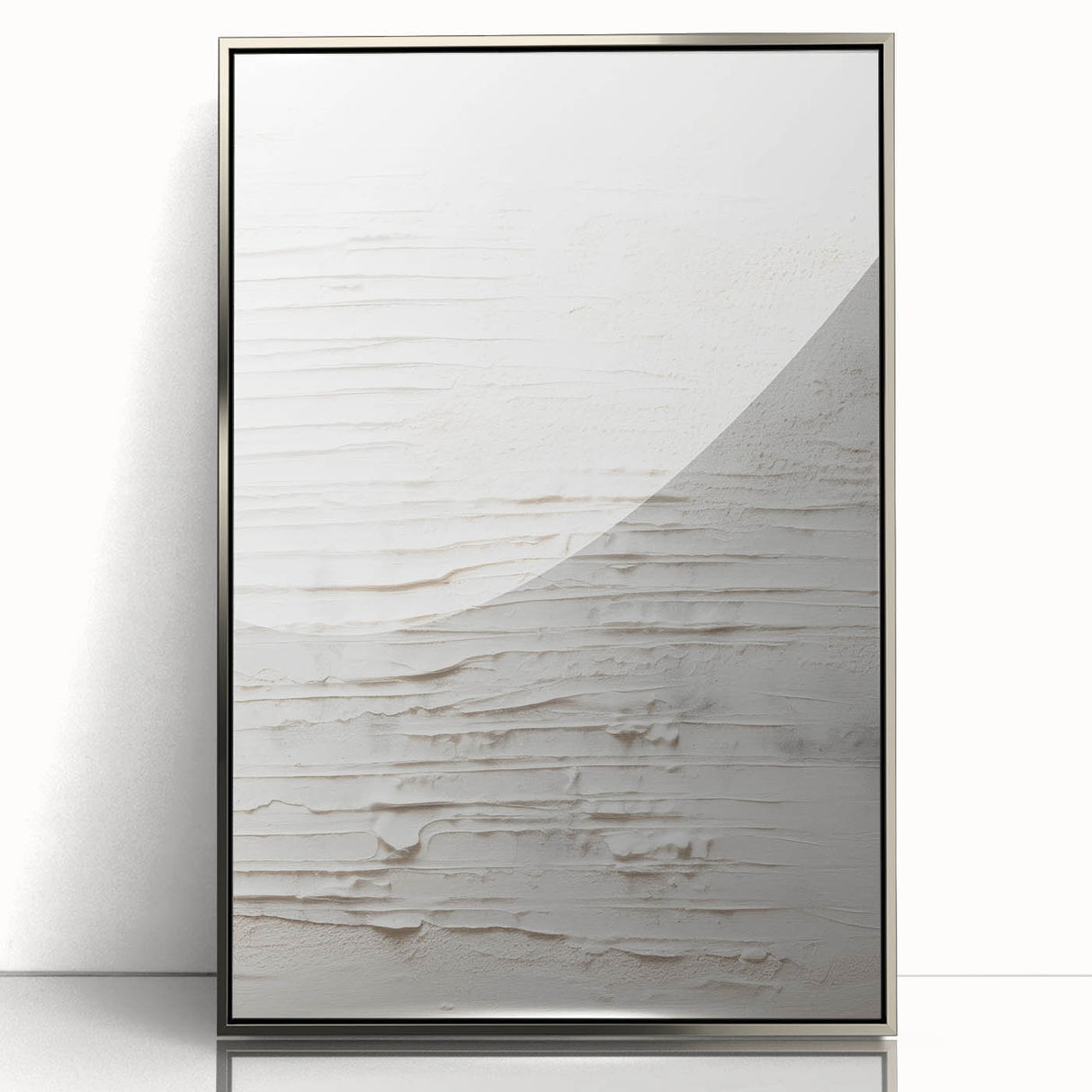 Framed abstract modern wall art design in silver, showcasing geometric patterns and vibrant colors, perfect for contemporary home decor.