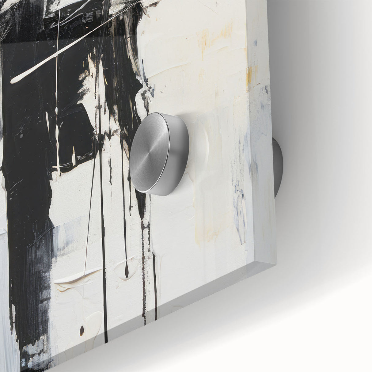 Close-up of a modern abstract wall art piece featuring vibrant colors and geometric shapes, showcasing acrylic glass texture for elegance.