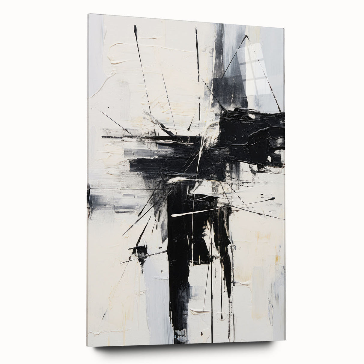 Abstract modern wall art collection displayed in acrylic glass, showcasing vibrant colors and geometric designs, perfect for contemporary decor.