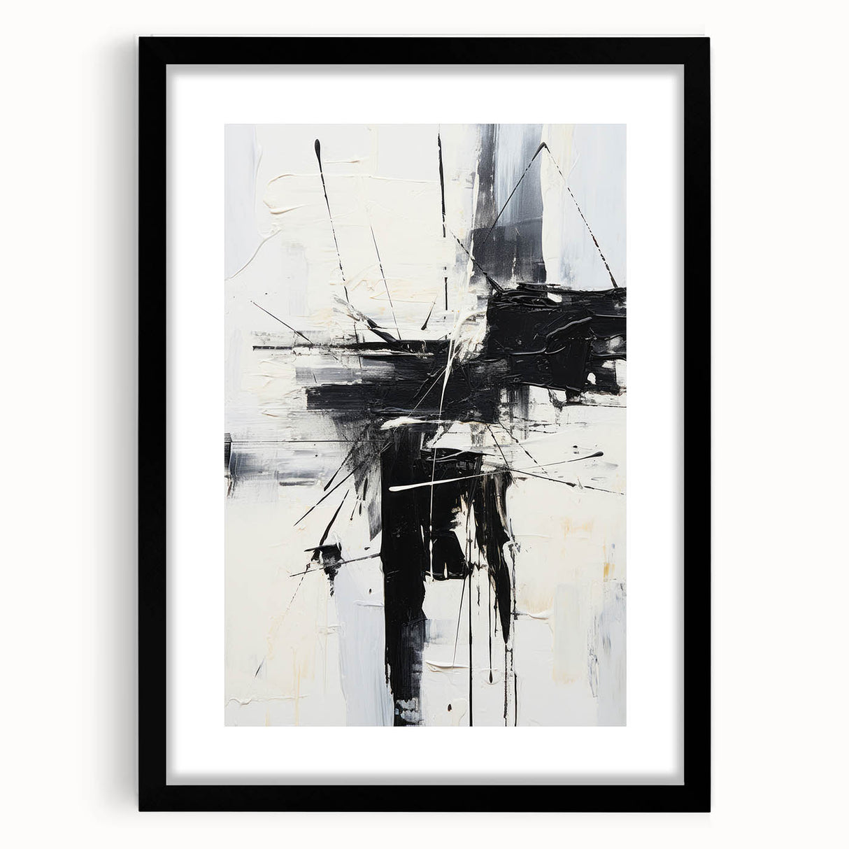 Framed abstract modern wall art collection showcasing vibrant geometric shapes in a black frame, perfect for contemporary decor.