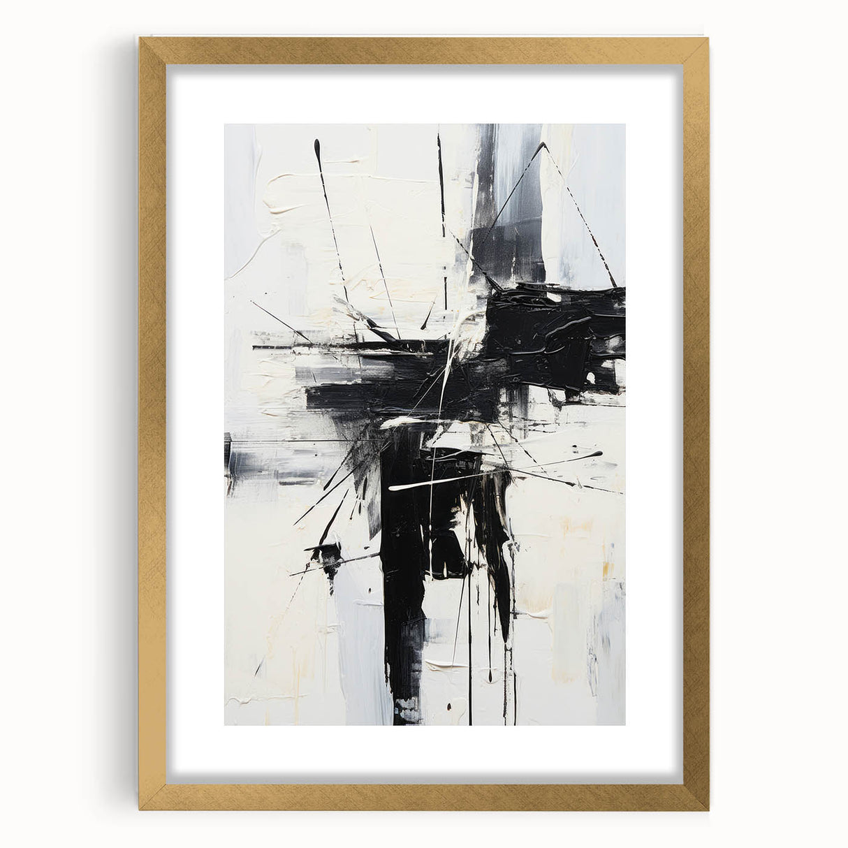 Framed modern abstract wall art collection featuring six colorful designs in gold frames with white mats, perfect for stylish home decor.