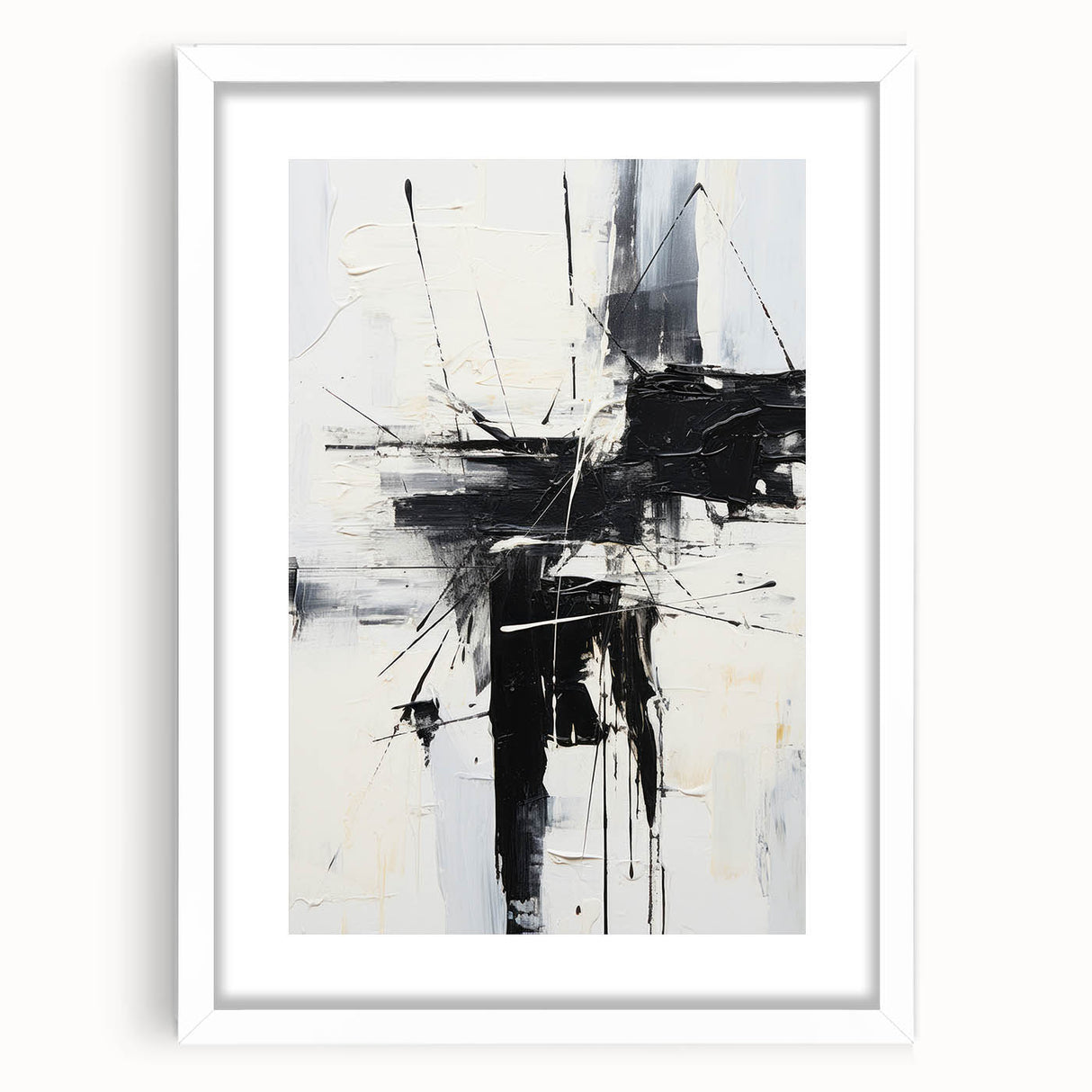 Framed abstract modern wall art collection in a sleek white frame, showcasing vibrant geometric patterns and a matte finish, ideal for contemporary decor.