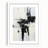 Framed abstract modern wall art collection in a sleek white frame, showcasing vibrant geometric patterns and a matte finish, ideal for contemporary decor.