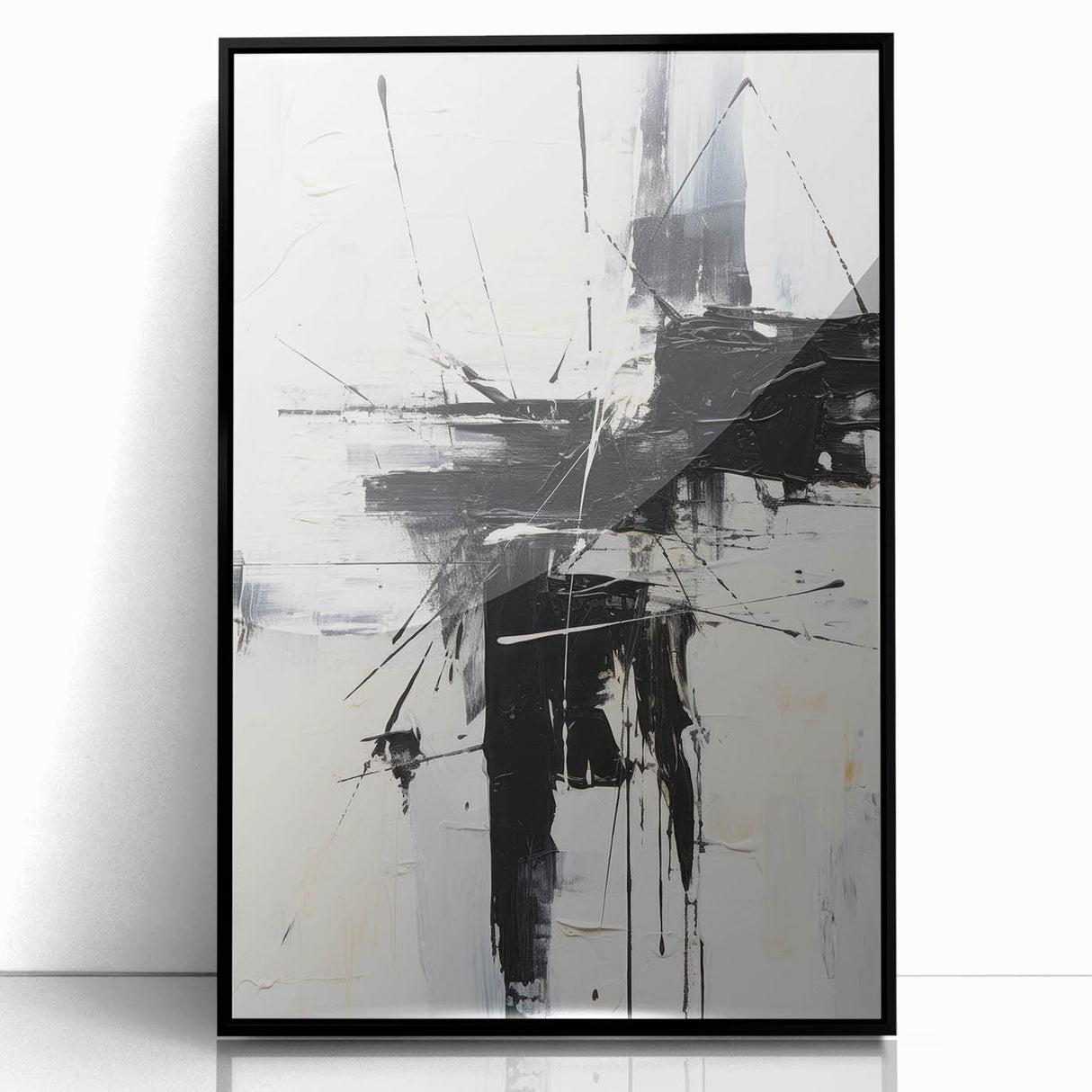 Framed abstract modern wall art collection showcasing vibrant colors and geometric patterns, set against a sleek black background for a contemporary aesthetic.