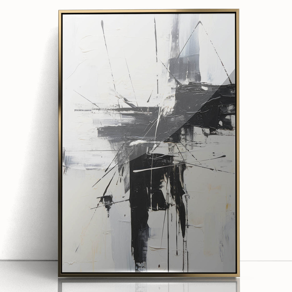 Framed abstract modern wall art collection with gold accents, showcasing intricate geometric designs on a sleek black background.