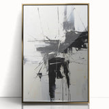 Framed abstract modern wall art collection with gold accents, showcasing intricate geometric designs on a sleek black background.