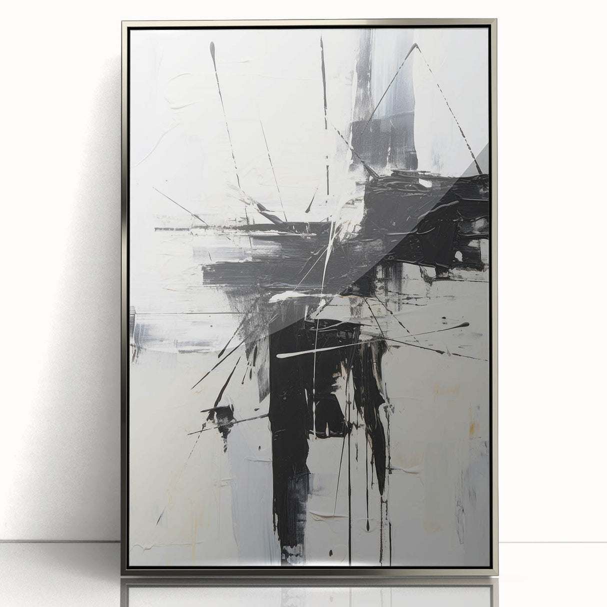 Framed abstract modern wall art collection in silver acrylic, showcasing vibrant geometric designs against a sleek, minimalist background.