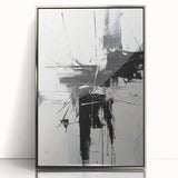 Framed abstract modern wall art collection in silver acrylic, showcasing vibrant geometric designs against a sleek, minimalist background.
