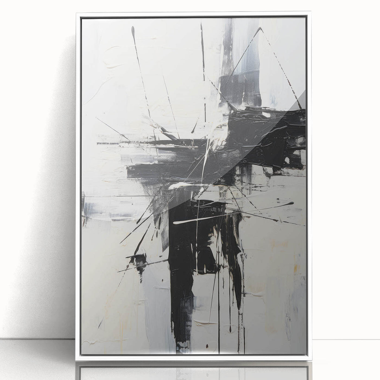 Framed abstract wall art collection with modern design, featuring vibrant colors and geometric shapes in a sleek white frame, ideal for contemporary decor.