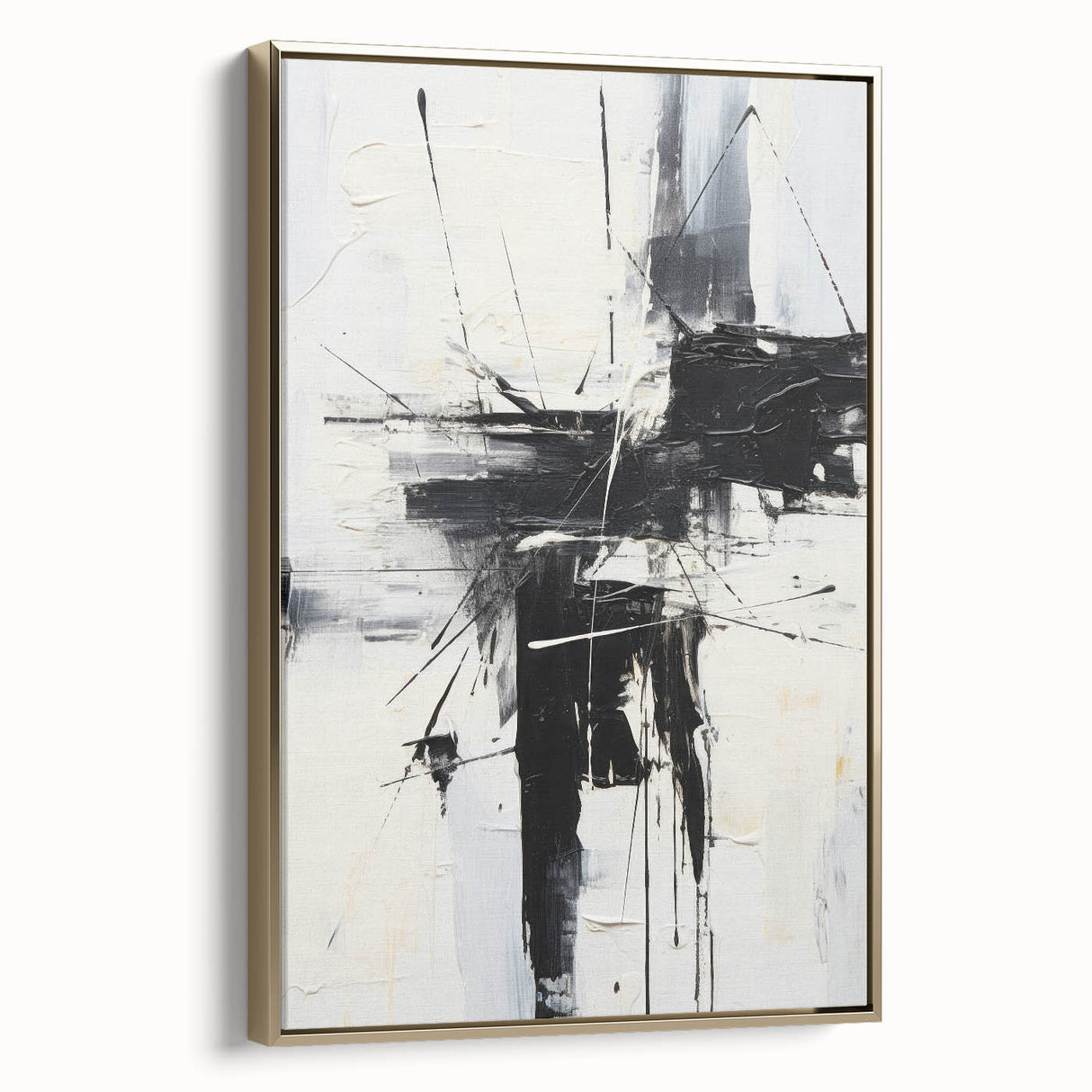 Framed wall art collection showcasing an abstract modern design with gold accents on a textured canvas, displayed from the side to emphasize depth.