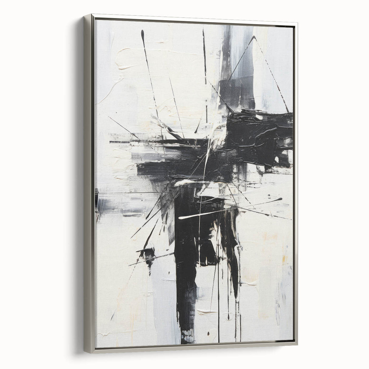 Framed modern abstract wall art collection showcasing a sleek silver design with geometric patterns, perfect for contemporary decor.