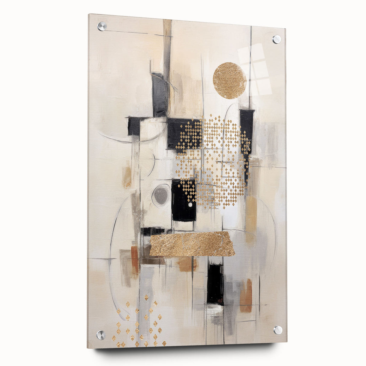 Close-up of an abstract modern wall art piece featuring vibrant colors and geometric patterns, showcased in acrylic glass with visible mounting pins, ideal for contemporary decor.