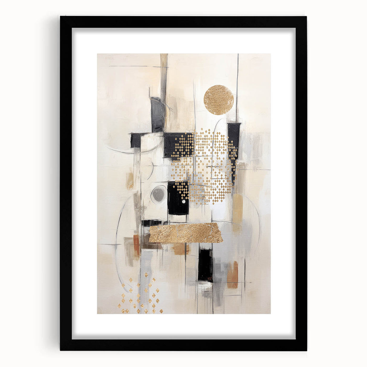 Abstract modern wall art design framed in sleek black, showcasing geometric patterns and vibrant colors, perfect for contemporary home decor.