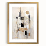 Abstract modern wall art collection featuring a gold-framed design with a mat, showcasing geometric shapes and vibrant colors, perfect for contemporary home decor.