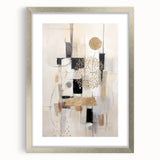 Abstract modern wall art collection framed with a sleek silver mat, showcasing geometric patterns and vibrant colors, perfect for contemporary home decor.
