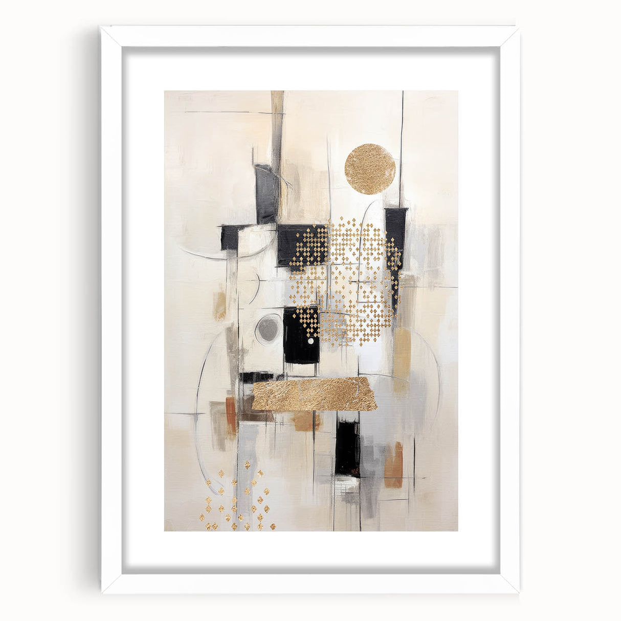 Abstract modern wall art collection framed in white with a mat, showcasing vibrant geometric patterns and colors, ideal for contemporary home decor.