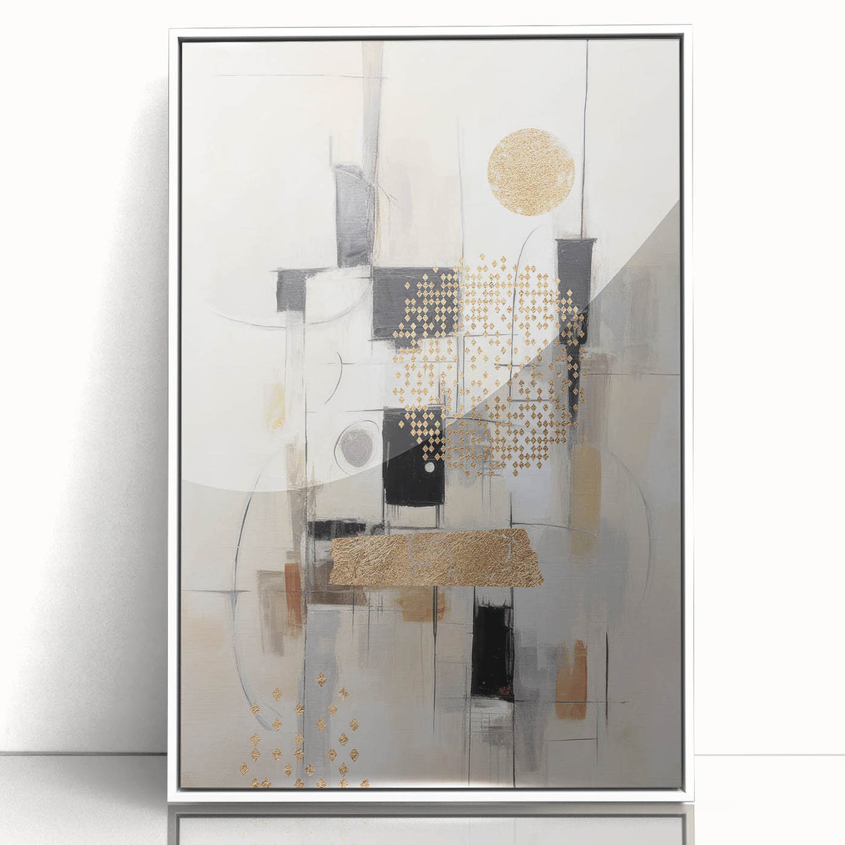 Framed abstract modern wall art design featuring a vibrant blend of colors and geometric shapes, displayed against a white background for a contemporary look. Ideal for enhancing home decor and artistic interiors.