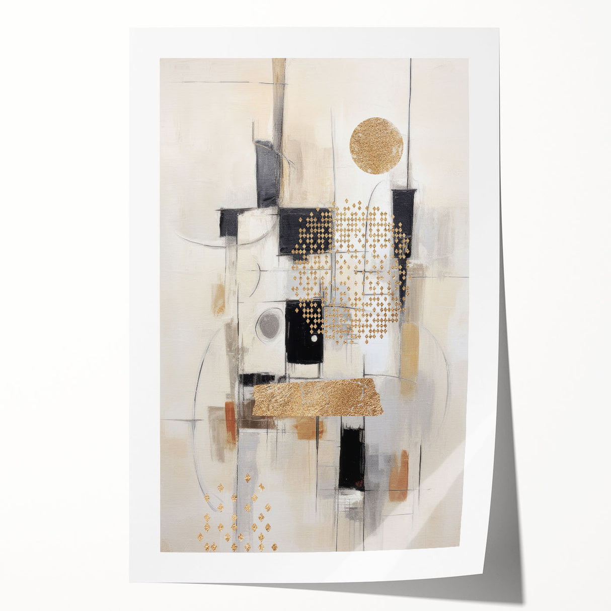 Abstract modern wall art print featuring vibrant geometric shapes in blue, orange, and yellow colors, designed for contemporary home decor. Ideal for enhancing living spaces with a stylish and artistic touch.