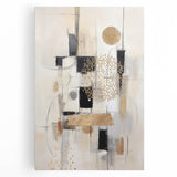 Abstract modern wall art collection displayed on stretched canvas, featuring vibrant geometric shapes in blue, yellow, and red tones, perfect for contemporary decor.