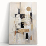 Abstract modern wall art canvas featuring vibrant geometric shapes in bold colors, elegantly leaning against a neutral wall, perfect for contemporary decor.