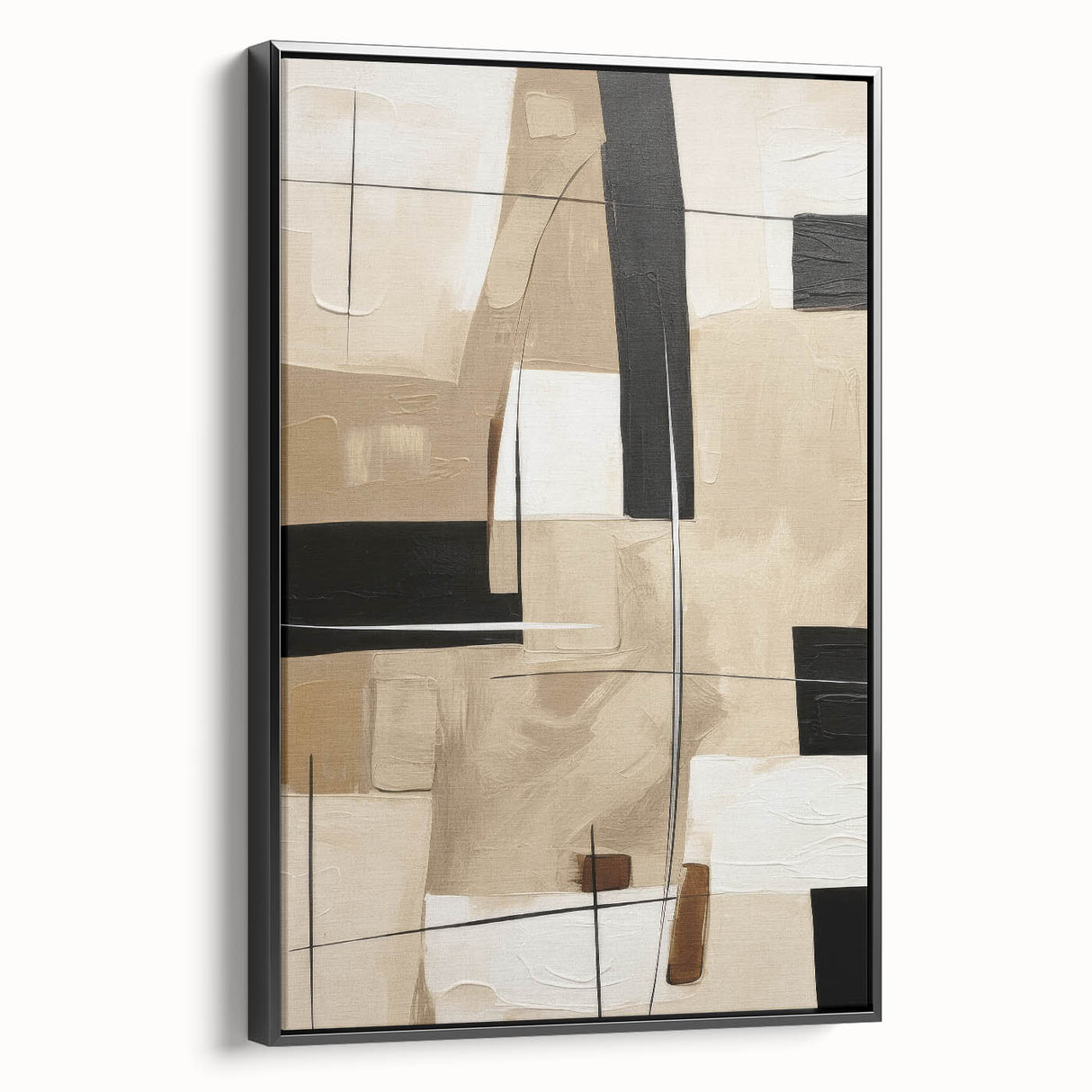 Framed canvas wall art showcasing a modern abstract design in vibrant colors, featuring a sleek black frame and side view perspective, perfect for contemporary decor.