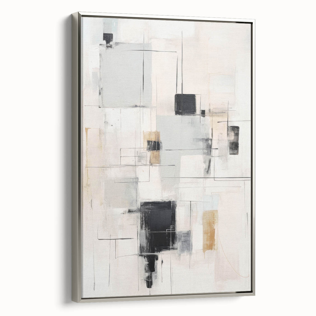 Framed abstract modern wall art collection in silver tones, showcasing geometric shapes and fluid lines, perfect for contemporary decor settings.