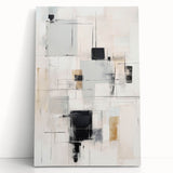 Abstract modern wall art collection featuring a colorful, stretched canvas design with geometric shapes and textures, leaning against a neutral wall for a contemporary home decor aesthetic.