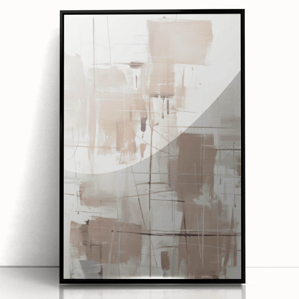 Framed abstract modern wall art in black acrylic, showcasing dynamic geometric patterns and vibrant colors, perfect for contemporary home decor.