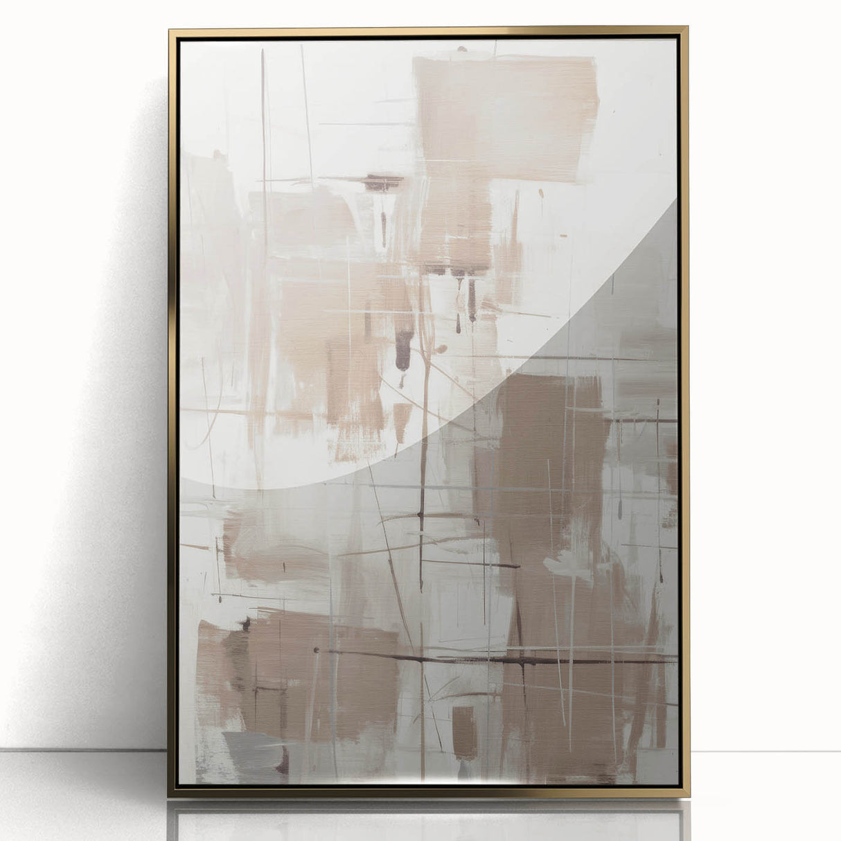 Framed acrylic wall art showcasing an abstract modern design with gold accents, ideal for contemporary decor. Perfect for enhancing living spaces or offices.