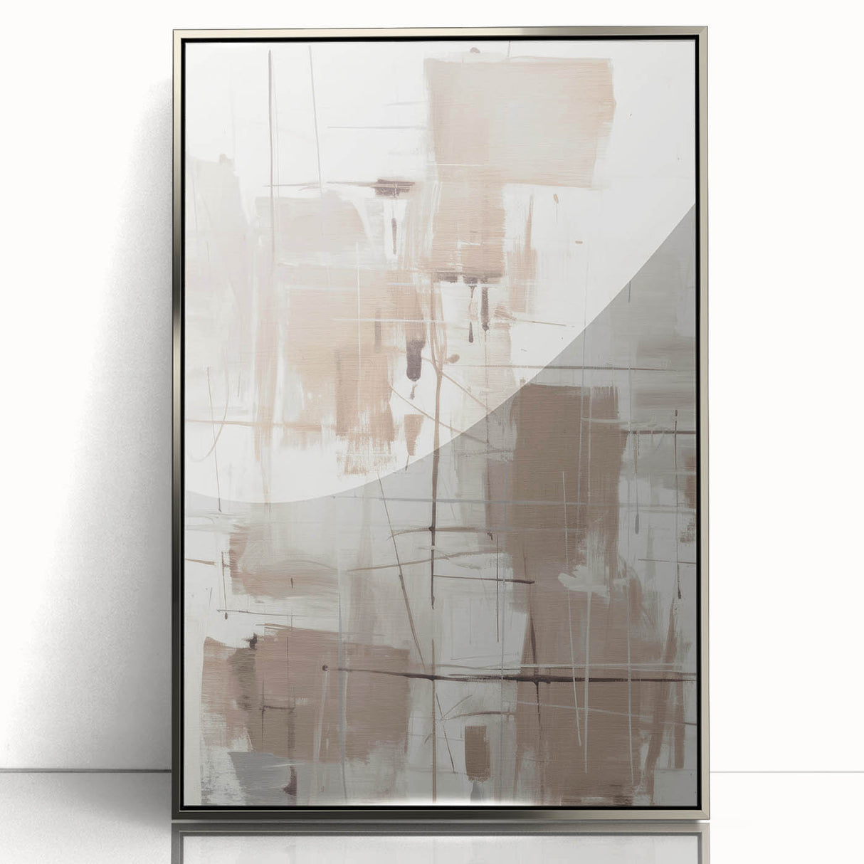 Framed wall art featuring a modern abstract design with silver accents and a sleek acrylic finish, showcasing vibrant colors against a minimalist background. This piece enhances contemporary decor with its sophisticated look and artistic flair.