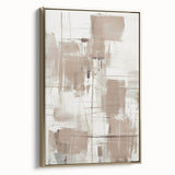 Framed canvas wall art featuring a modern abstract design in gold tones, showcasing elegant geometric shapes against a neutral background, ideal for contemporary decor.