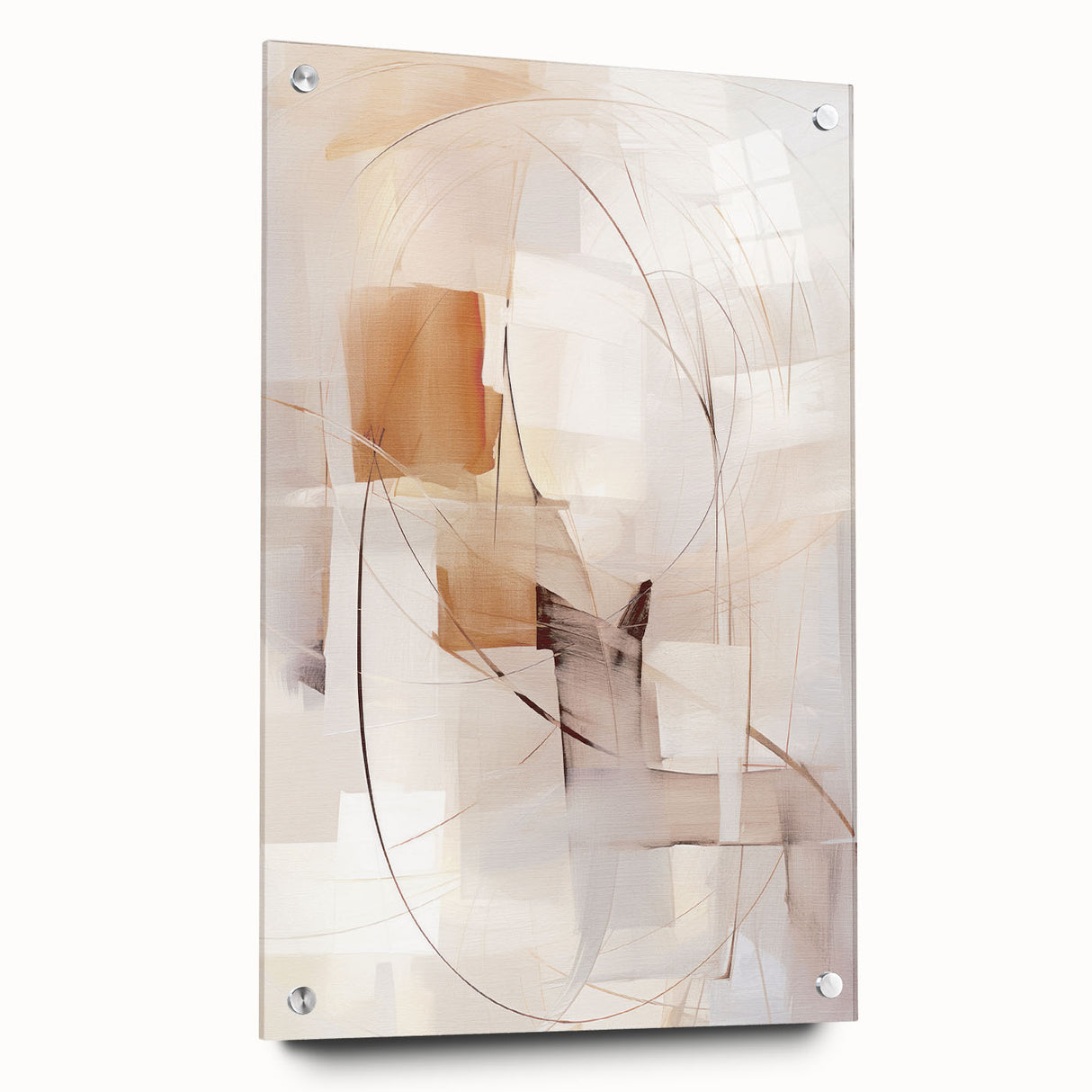 Acrylic glass wall art with an abstract modern design showcasing vibrant colors and intricate patterns, displayed from a side view with decorative pins, ideal for contemporary home decor.
