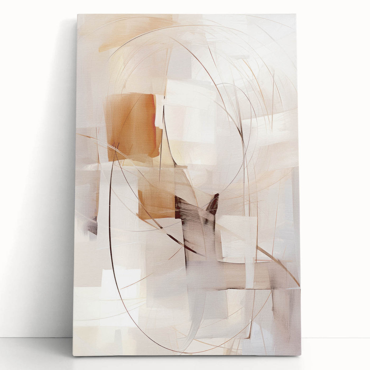 Abstract modern wall art collection featuring a vibrant, colorful design on stretched canvas, leaning against a minimalist wall, ideal for contemporary decor.