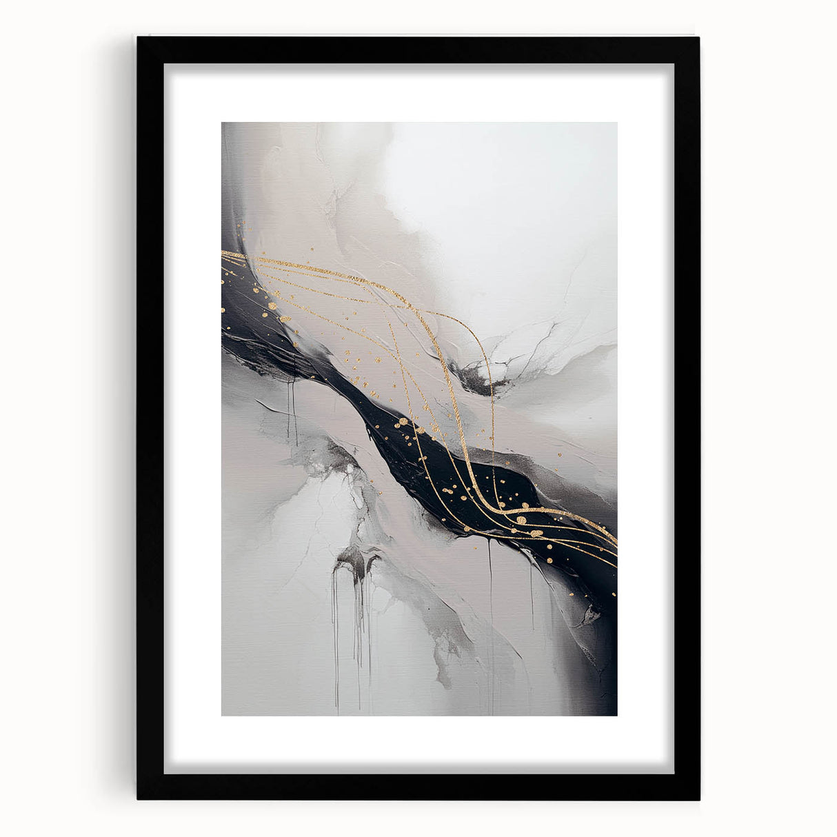 Abstract modern wall art collection featuring a black frame with a mat, showcasing geometric shapes and vibrant colors ideal for contemporary home decor. Perfect for enhancing living spaces or offices with artistic flair.