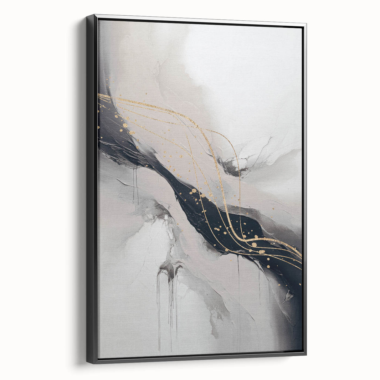 Framed abstract modern wall art collection showcasing vibrant colors and geometric shapes, with a black frame emphasizing its contemporary design. Perfect for enhancing home decor.