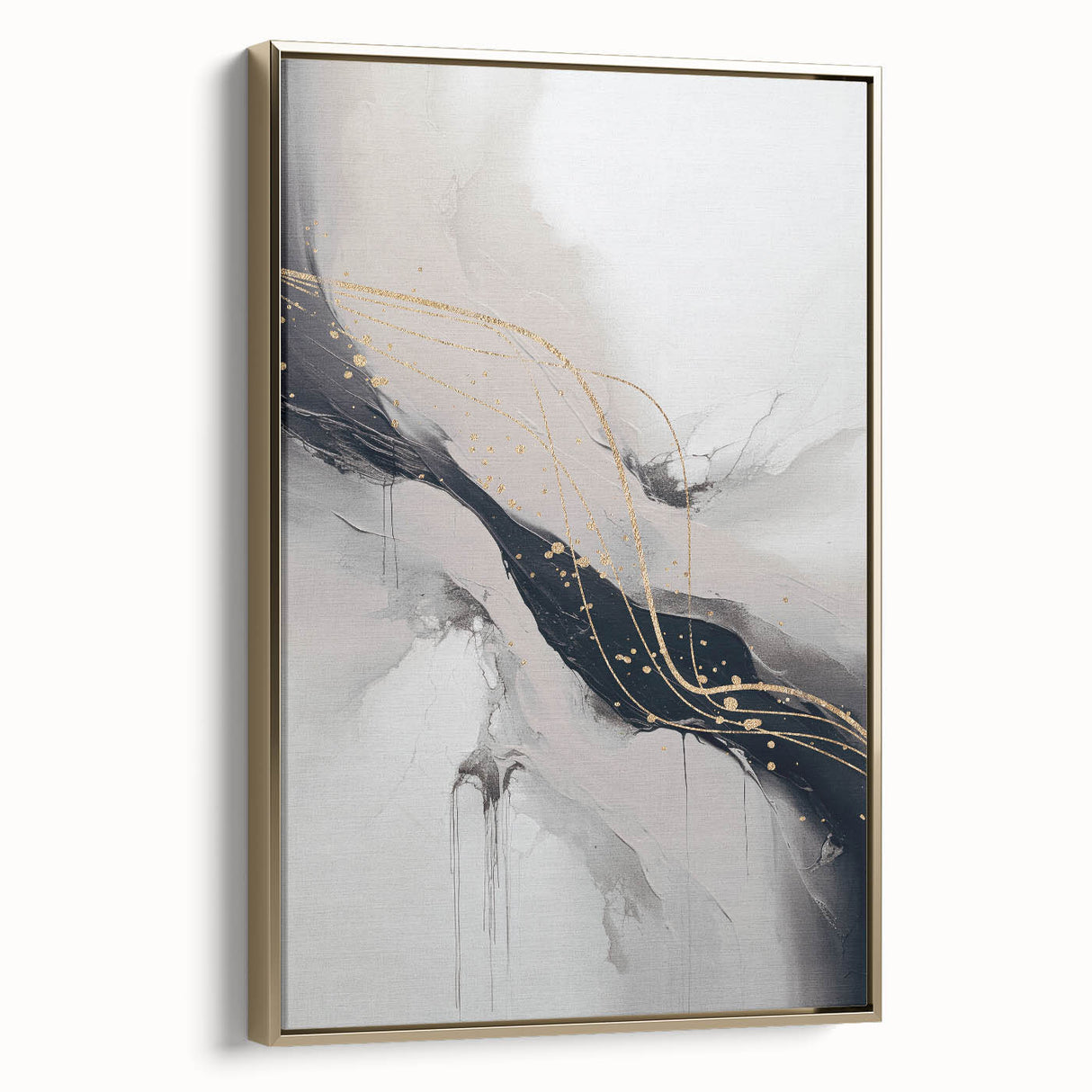 Framed abstract modern wall art in gold tones, showcasing geometric patterns and elegant design elements, perfect for contemporary interior decor.