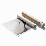 Abstract modern wall art featuring vibrant colors and geometric patterns, rolled and ready for display, ideal for contemporary home decor or office spaces.