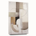 Abstract modern wall art collection displayed in acrylic glass, showcasing vibrant colors and geometric patterns, secured with decorative pins on a white background.