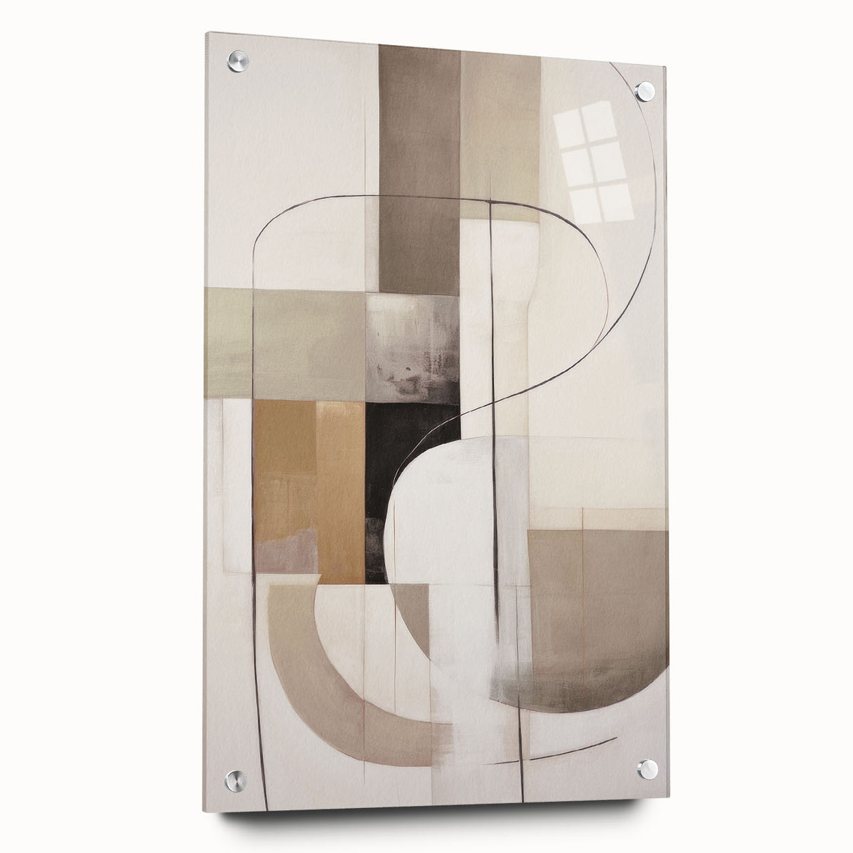 Abstract modern wall art collection displayed in acrylic glass, showcasing vibrant colors and geometric patterns, secured with decorative pins on a white background.