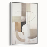Framed abstract modern wall art featuring a vibrant design with geometric shapes in shades of blue, yellow, and gray, displayed from a white side view.